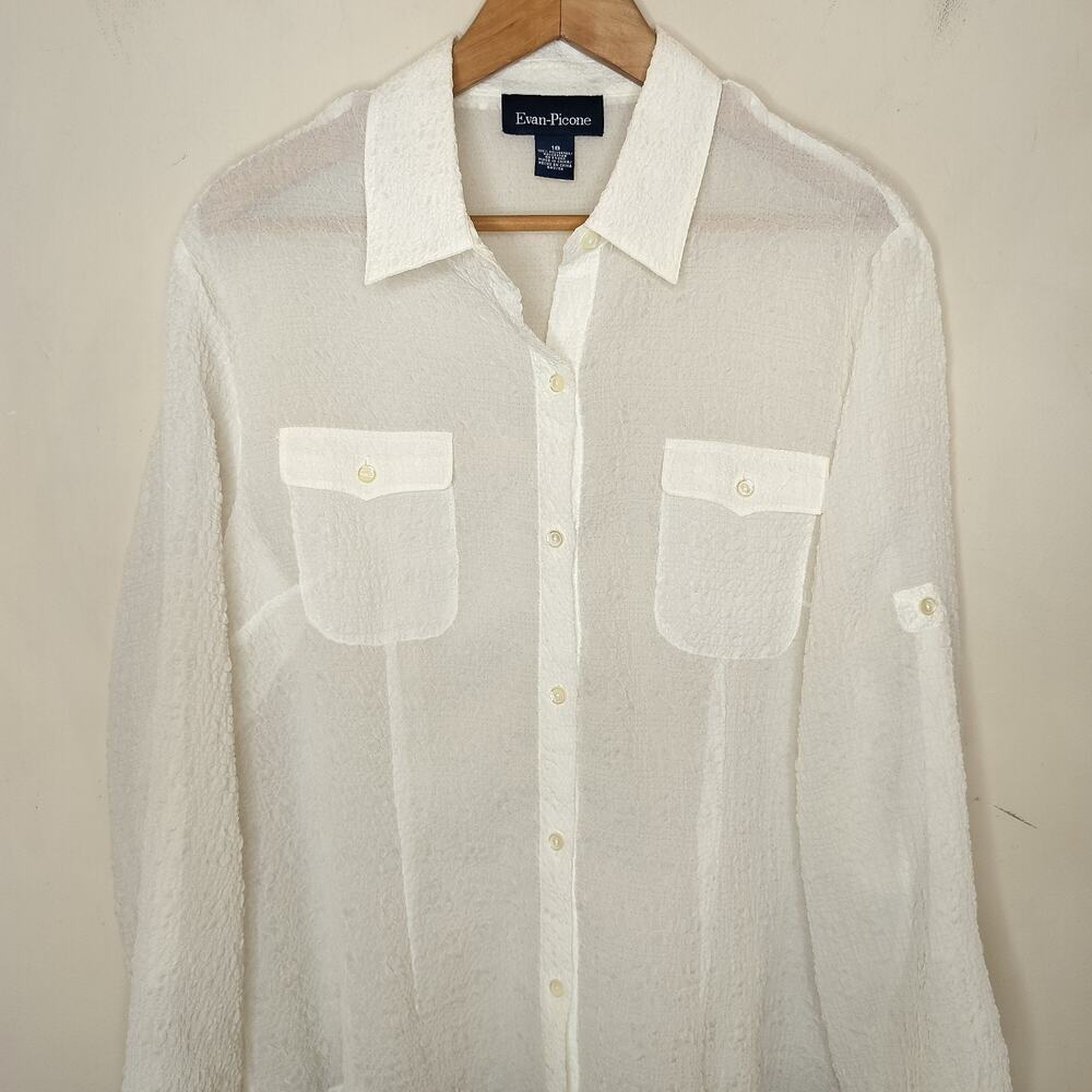 Evan Picone White Button Up Shirt Crinkle Tab Sleeve - Picture 2 of 9